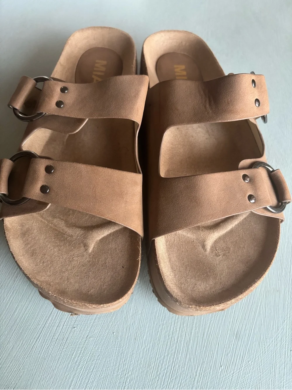 MIA Taupe Platform Double Buckle Sandals Size